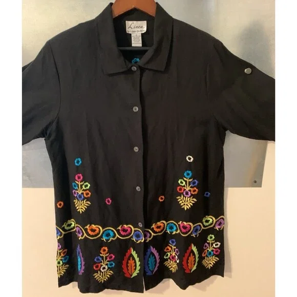 Linea by Louis Dell’Olio Linen Blend Floral Embroidered Jacket/Tunic Black M - Picture 3 of 16